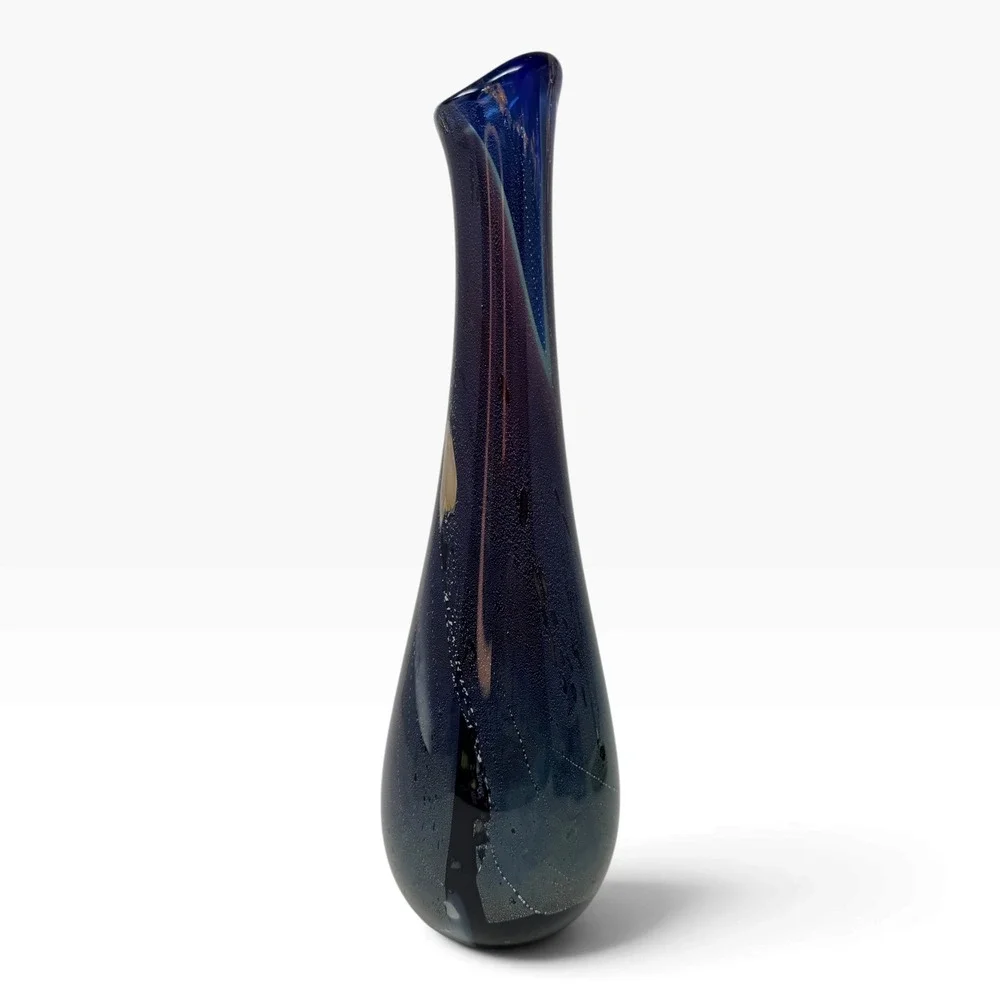 Signed John Winter Art Glass Vase Blue Purple White Studio Glass 14